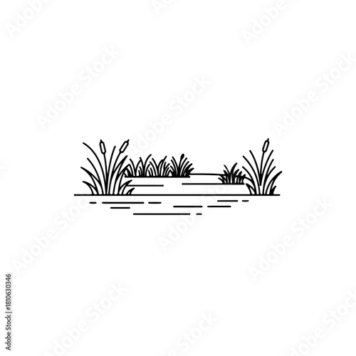 Bushy reeds and water minimal wetland landscape vector illustration for natural habitat and environmental artwork