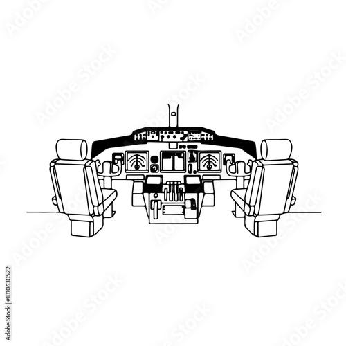 Aircraft cockpit interior technical vector sketch showing professional flight instrumentation and pilot control panel details