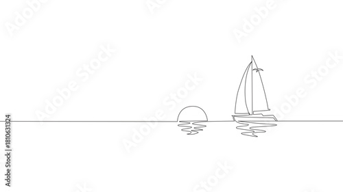 Single continuous one line art sunny ocean travel vacation. Sea voyage sunrise holiday tropical island ship yacht luxury journey sunset concept design sketch outline drawing vector illustration art
