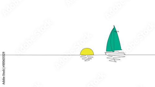 Single continuous one line art sunny ocean travel vacation. Sea voyage sunrise holiday tropical island ship yacht luxury journey sunset concept design sketch outline drawing vector illustration art