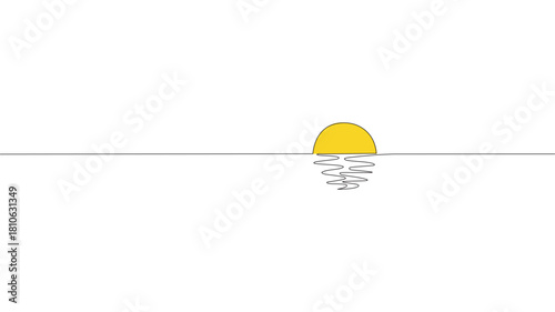 Single continuous one-line art, sunny ocean view. Sea voyage sunrise holiday tropical luxury journey sunset concept design sketch outline drawing vector illustration art