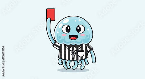 A cute cartoon jellyfish dressed as a soccer referee holding up a red card.