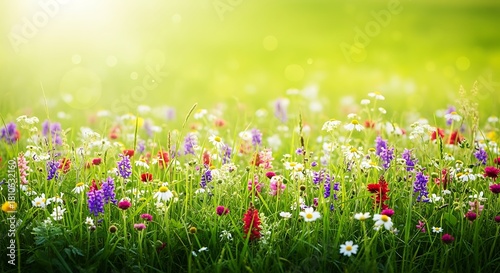 Fototapeta Naklejka Na Ścianę i Meble -  Field of colorful wildflowers in soft sunlight, spring meadow