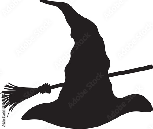 Black witch hat and broomstick silhouette halloween