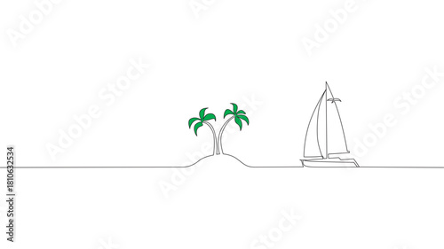 Single continuous one line art ocean travel vacation. Sea voyage holiday tropical island ship yacht luxury island palm tree journey concept design sketch outline drawing vector illustration art