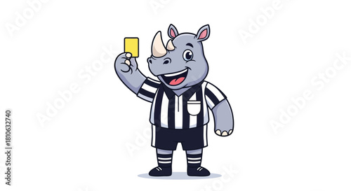 Cute Rhino Referee Holding Yellow Card Cartoon Illustration