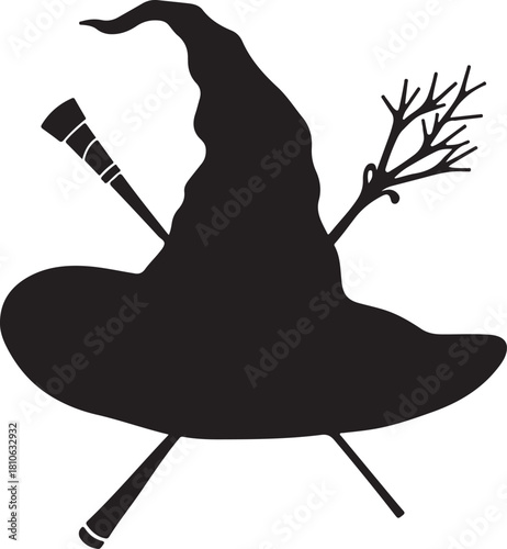 Black witch hat with crossed broom and wand silhouette