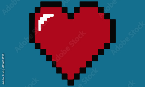 Single Red Pixel Art Heart Graphic: Retro 8-Bit Love Symbol with Black Outline and Highlight for Gaming UI, Valentine's Day, and Nostalgic Digital Design.