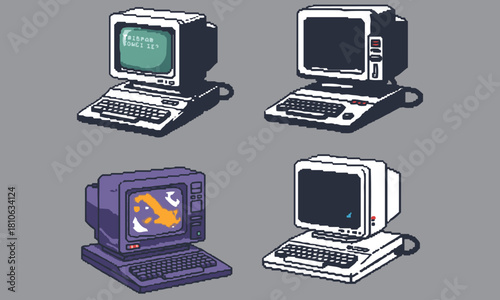 Retro Pixel Art Computer Set: Collection of Four Vintage Desktop PCs with CRT Monitors and Keyboards in 8-Bit Style for Gaming, Technology, and Nostalgic Design Assets.