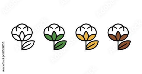 The image presents four stylized icons illustrating the different growth stages of a cotton flower, showcasing the natural development from budding to mature flowering.