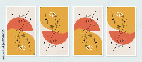 These vibrant abstract prints blend warm colors with botanical elements, creating a visually appealing and stylish aesthetic for modern interior decor.