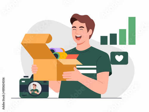 A cheerful young man unboxing colorful gifts while engaging with his audience, showcasing the excitement of surprise packages and the joy of sharing experiences online.