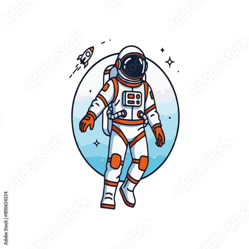 Astronaut in Space Circle Badge with Rocket: Classic Cartoon Vector Illustration of a Spaceman in White and Orange Suit, Ideal for Space Mission Logos, Educational Patches, and Sci-Fi Stickers.