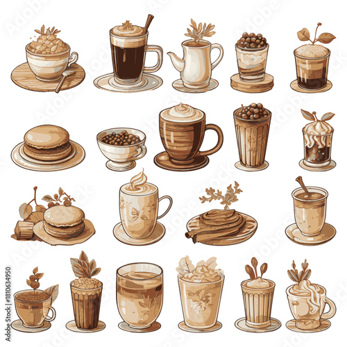 Set of coffee-themed stickers coffee cups, latte or cappuccino cream, hot chocolate drink with different stylizations in shades of brown and beige. 