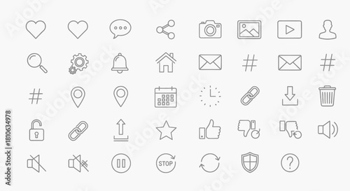Collection of minimalistic digital interface icons representing