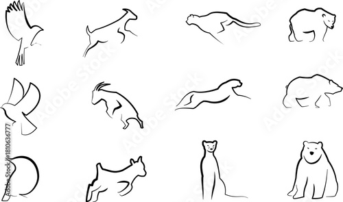 A cohesive set of minimalist line drawings showing various animals in motion and rest. Ideal for wildlife, education, children's books, or generic stock imagery with clean line art.