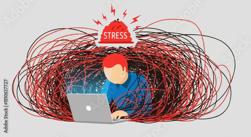 Man overwhelmed by stress while working on a laptop computer.