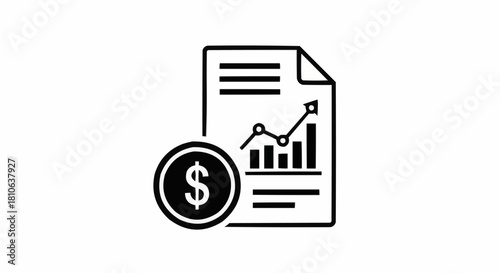 Financial report icon with growth chart and dollar coin.
