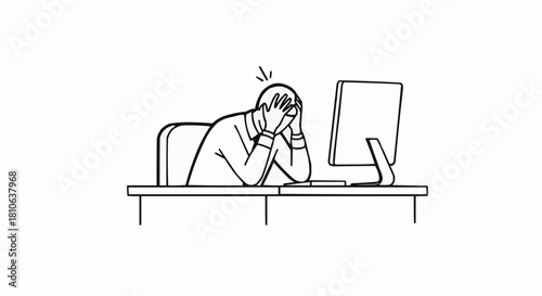 Frustrated man at desk with head in hands.