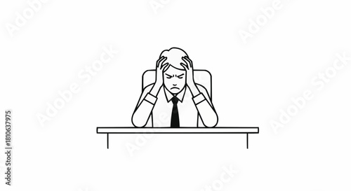 Frustrated businessman with head in hands at desk.