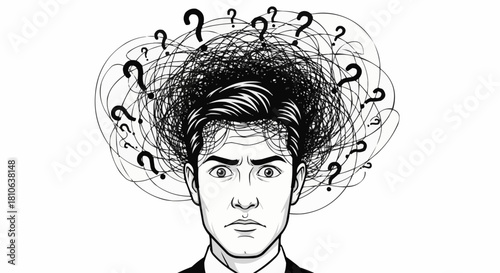 Conceptual illustration of a man with a confused and chaotic mind.