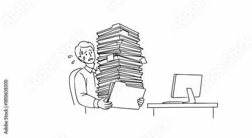 Overwhelmed office worker struggling with a massive pile of paperwork.