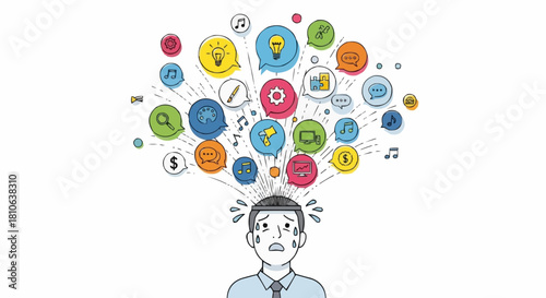 Overwhelmed Man with Cloud of Thoughts and Ideas.