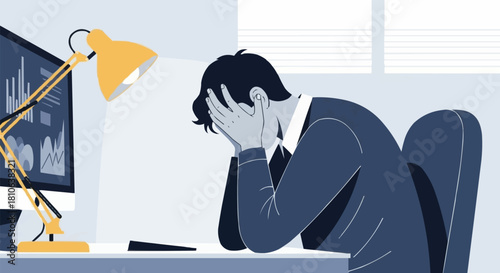 Stressed Businessman Experiencing Burnout at Office Desk.