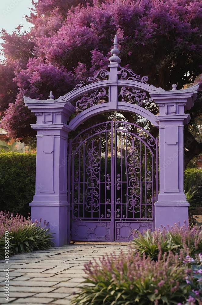 Obraz premium Portrait of purple gate on purple garden background, beautiful architecture aesthetic concept