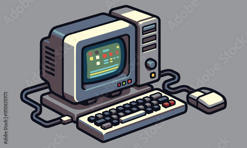 Retro Pixel Art Computer Set: Collection of Four Vintage Desktop PCs with CRT Monitors and Keyboards in 8-Bit Style for Gaming, Technology, and Nostalgic Design Assets.