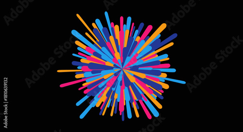 A vibrant, abstract explosion of colorful lines radiates outward from a central point against a dark background, creating a dynamic and modern graphic design element.