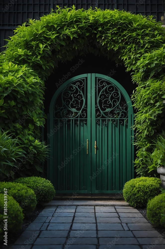 Fototapeta premium Portrait of green gate on black garden background, beautiful architecture aesthetic concept