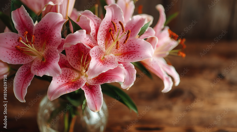 Fototapeta premium Beautiful pink lilies in a clear glass vase on a wooden table.