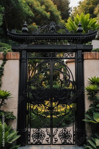 Portrait of black gate on black garden background, beautiful architecture aesthetic concept