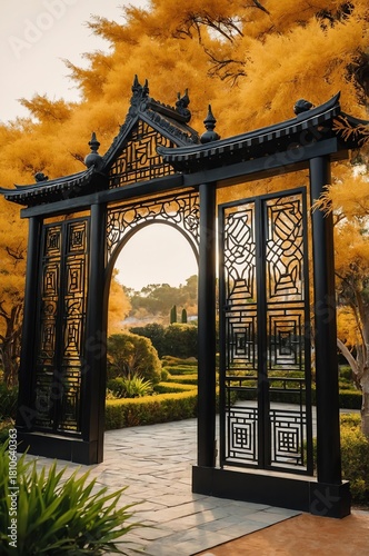 Portrait of black gate on gold garden background, beautiful architecture aesthetic concept