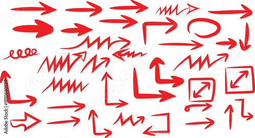 Collection of red hand drawn arrows isolated on for design