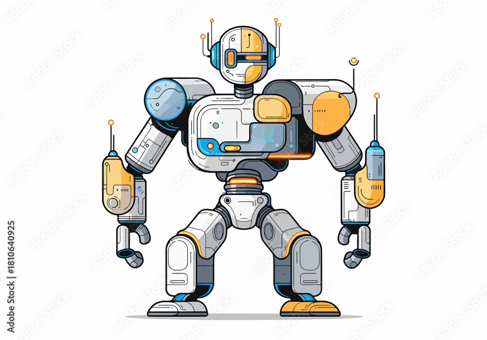 Fototapeta premium Sleek and robust advanced humanoid robot illustration, featuring intricate mechanical details, antennae, and a futuristic design embodying artificial intelligence and technological progress