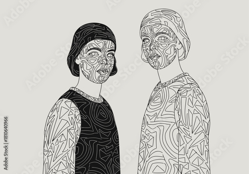Reflective Symmetry Twin Portraits in Abstract Line Art