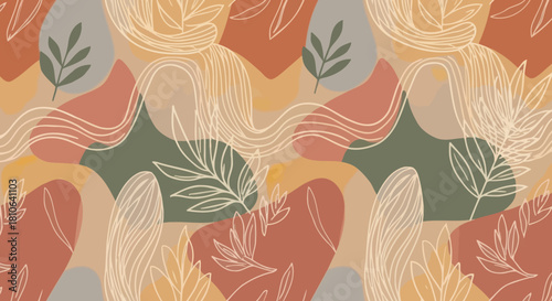 Abstract botanical patterns with flowing lines and earthy tones for