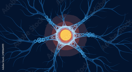 Abstract illustration of a neuron, showcasing a glowing central core and intricate branching dendrites, symbolizing complex brain activity, thought, and connections.