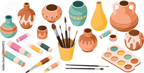 Colorful pottery making tools and ceramic vases with paint tubes brushes and palette, artistic craft illustration for creative workshop design