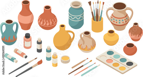 Colorful pottery making tools and ceramic vases with paint tubes brushes and palette, artistic craft illustration for creative workshop design