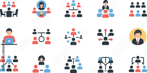 Flat business team and leadership icon set illustrating teamwork, communication, management hierarchy, collaboration symbols, corporate people concept, modern vector design