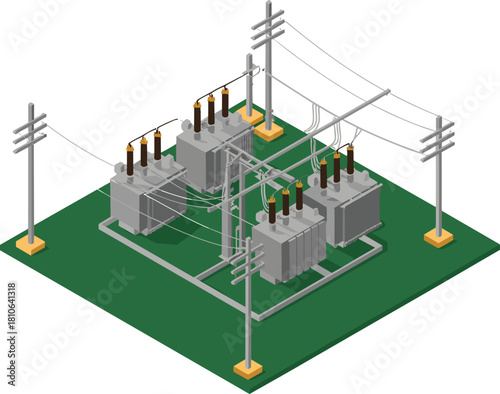 Isometric 3D electrical substation illustration with power transformers, high-voltage equipment, distribution lines and utility poles for energy infrastructure design