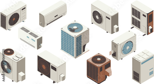 Isometric air conditioner illustration set featuring indoor and outdoor AC units, HVAC equipment, cooling systems, ventilation devices, modern climate control technology