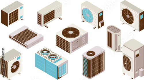 Isometric air conditioner illustration set featuring indoor and outdoor AC units, HVAC equipment, cooling systems, ventilation devices, modern climate control technology
