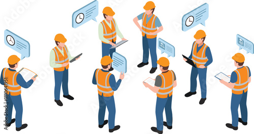 Isometric construction workers team discussing project plans, communication icons, safety vests, teamwork meeting, engineering coordination, site management illustration concept