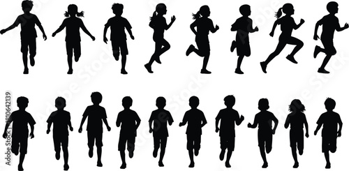 Silhouette children running in various active poses outdoors, energetic kids motion sequence illustration, group youth activity dynamic movement graphic design