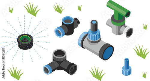 Isometric illustration of garden irrigation pipe fittings, valves, connectors and sprinkler components for landscaping water system installation and agriculture use