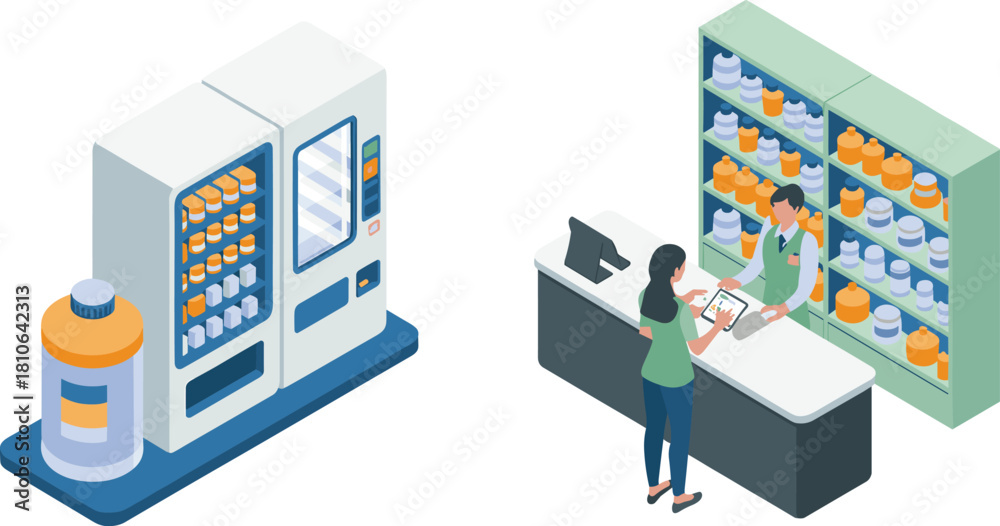 Obraz premium Isometric pharmacy illustration with medicine vending machine, pharmacist assisting customer, drug shelves, digital tablet service, modern healthcare retail store concept